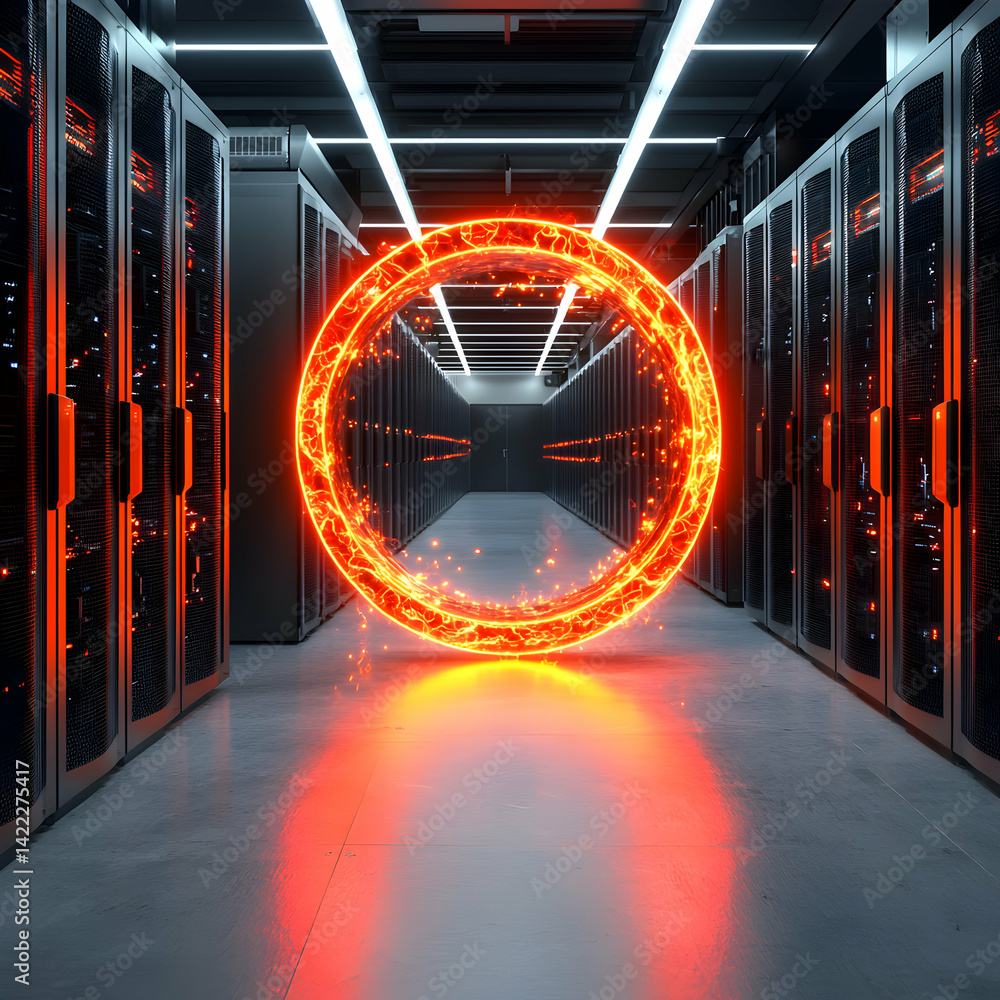 Aufkleber a futuristic data center with an illuminated portal creates a sense of technological advancement. gr