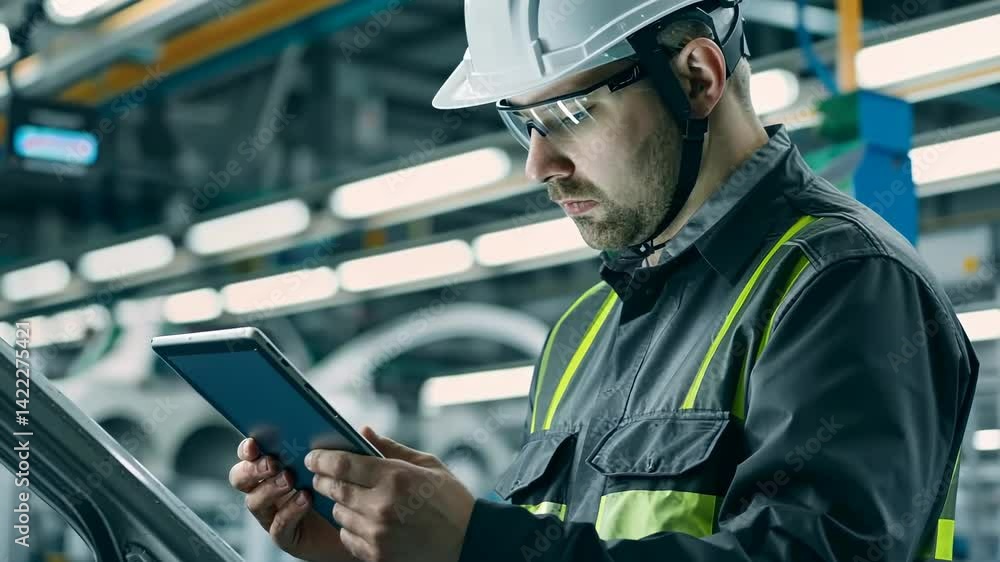 Poster factory worker is looking at a tablet inside of a manufacturing plant. man wears safety glasses and 