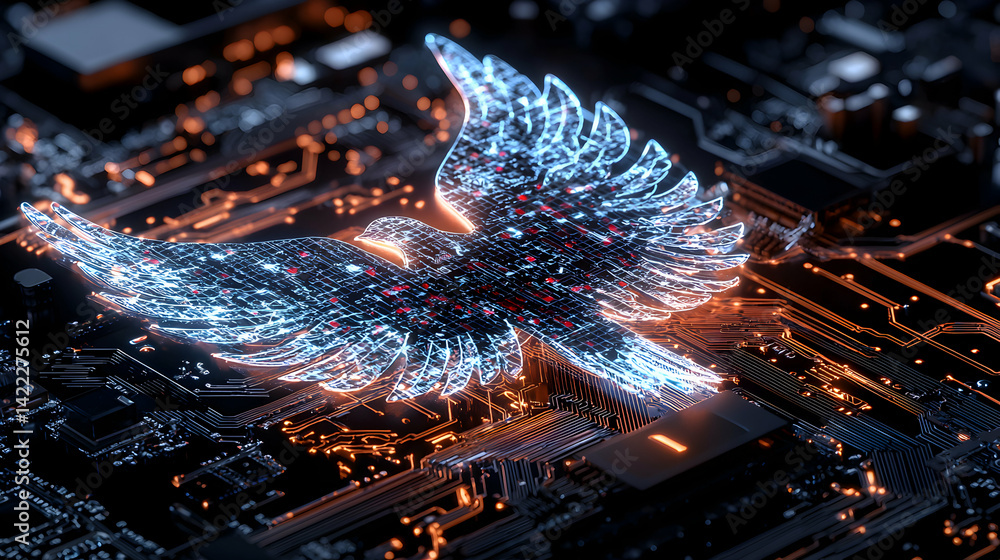 Poster a digital circuit board with a glowing dove outline representing technology integration and peace. t