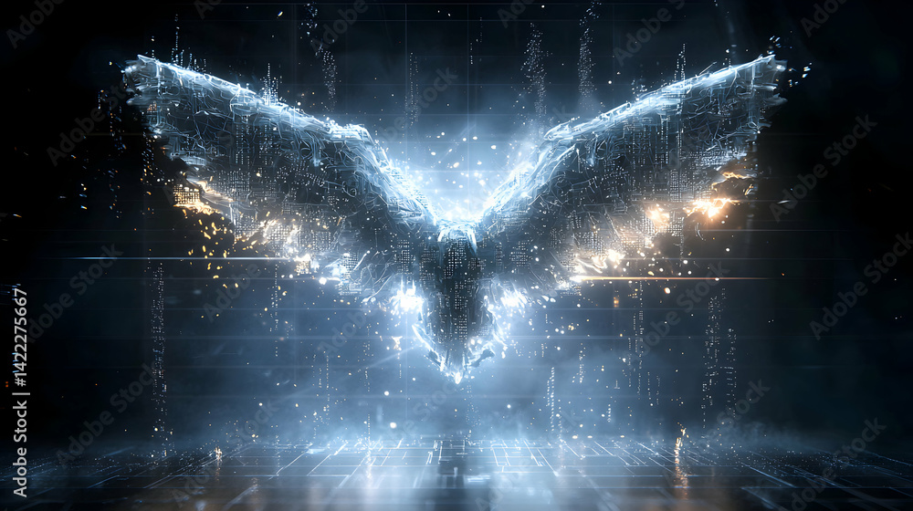 Poster digital art depicting a glowing avian form. perfect for futuristic sci-fi themes or tech presentatio