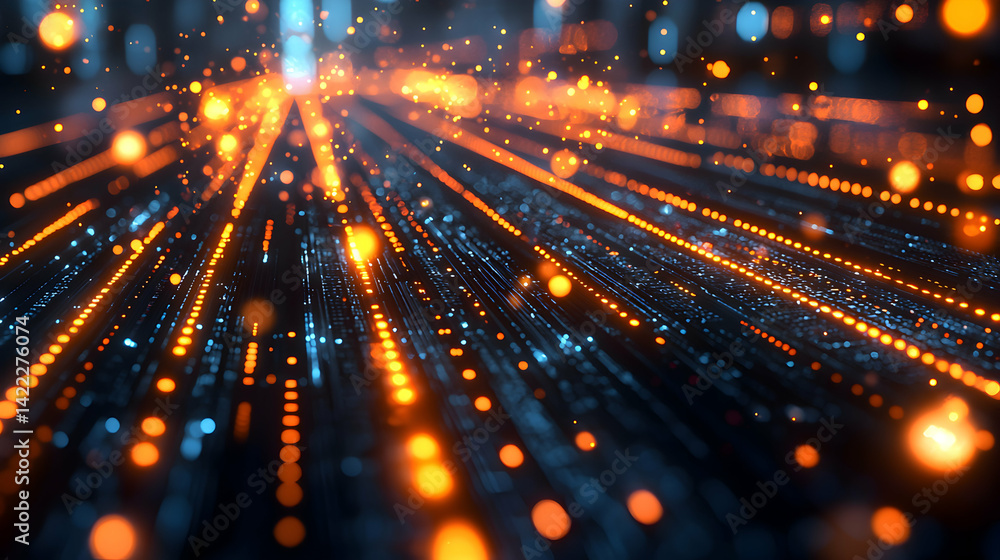 Aufkleber abstract digital art with glowing orange and blue lines suggesting data flow or network connections.