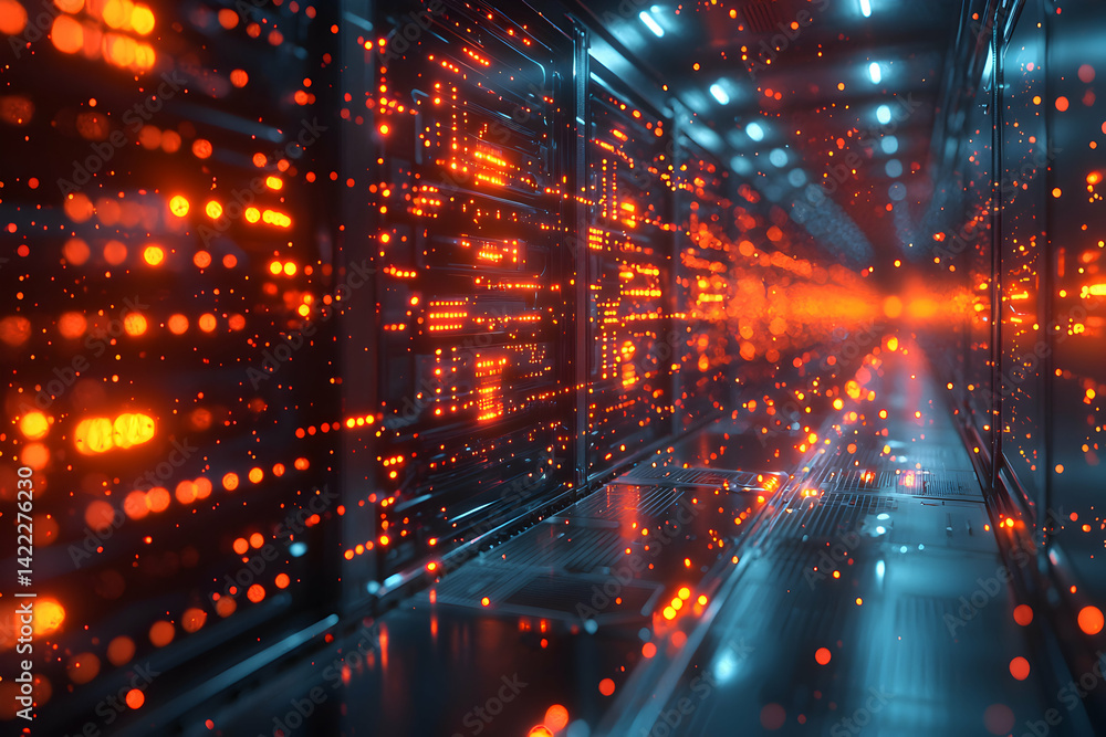 Aufkleber a futuristic data center hallway filled with glowing orange lights. perfect for tech presentations o