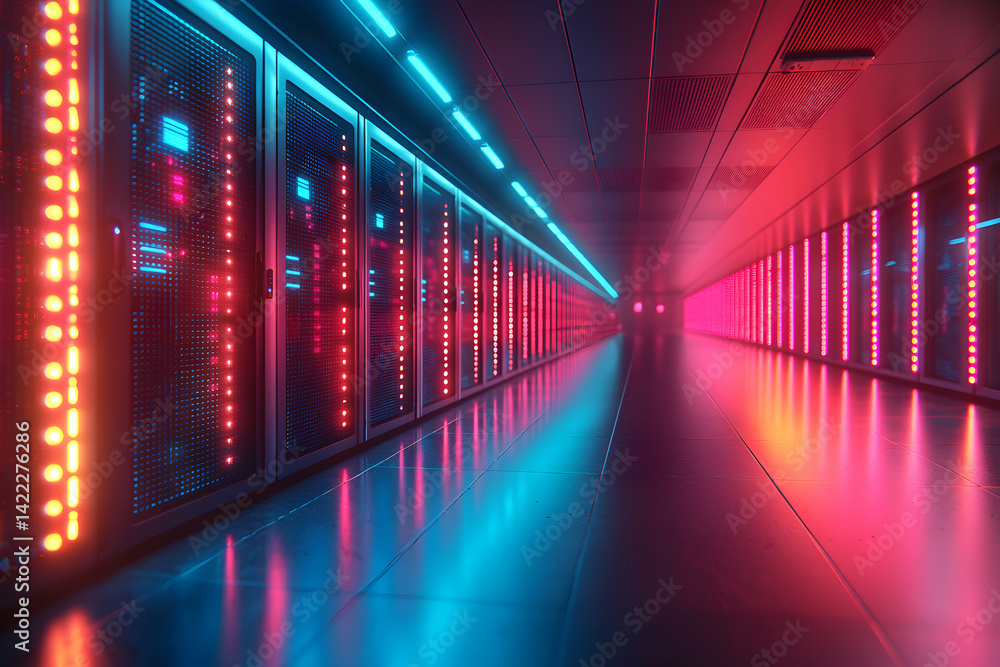 Poster a futuristic data center hallway illuminated by vibrant red and blue lights. ideal for tech companie