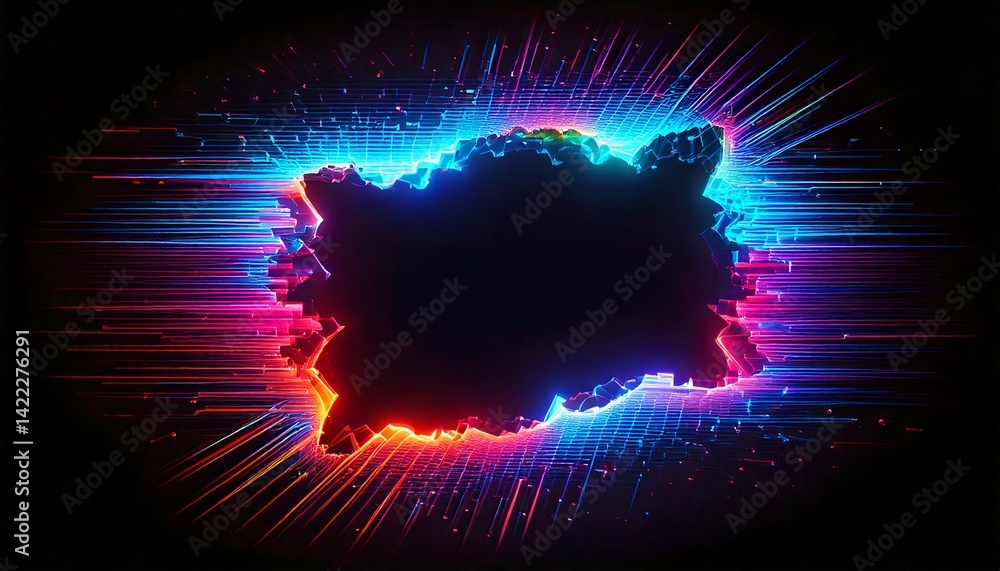 Poster a mesmerizing abstract design with vibrant blue and red neon lines radiating outward from a central 