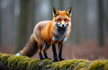 Fototapeta premium Red fox stands on mossy log in forest environment. Furry predator wildlife portrait. Orange animal, green background. Vulpes, cute, wild creature, animal looking straight in camera.