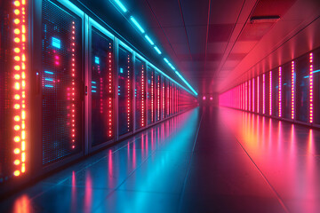 A futuristic data center hallway illuminated by vibrant red and blue lights. Ideal for tech companies showcasing server infrastructure or creating a cyberpunk aesthetic.