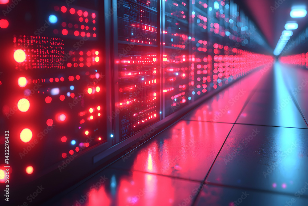 Poster a futuristic server room with glowing red lights reflecting on the floor. this image is perfect for 