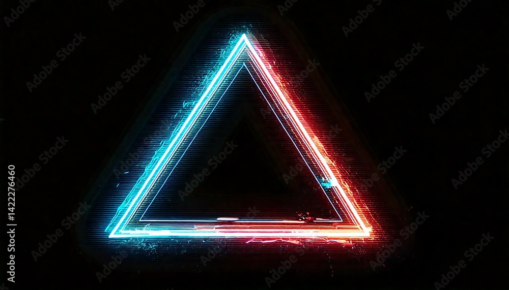 Poster a glowing neon triangle frame with blue and red light on black background. this abstract neon light 