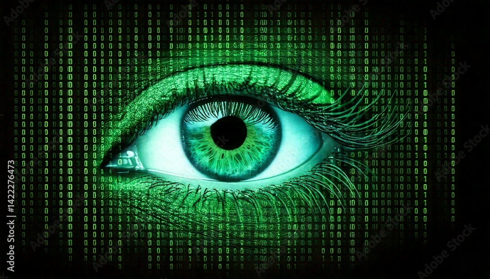 Poster a digital eye with a green iris, with binary code flowing around it. the eye symbolizes surveillance