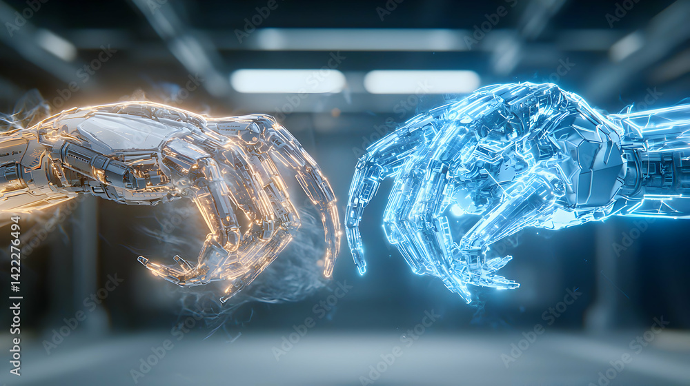 Poster robotic hands reach out. this image symbolizes connection technology and collaboration. use it for t