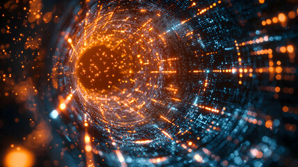 A digital tunnel of lights depicting data flow and connectivity. Ideal for tech presentations showcasing network infrastructure and data visualization.