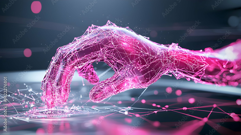 Poster an abstract digital hand interacts with technology. ideal for tech firms data science presentations 