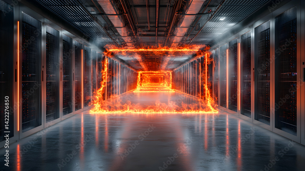 Poster a futuristic server room engulfed in flames with fire outlining a rectangular path. suggests data br