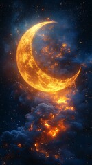 Obraz premium Glowing crescent moon rising through burning cosmic clouds high resolution wallpaper