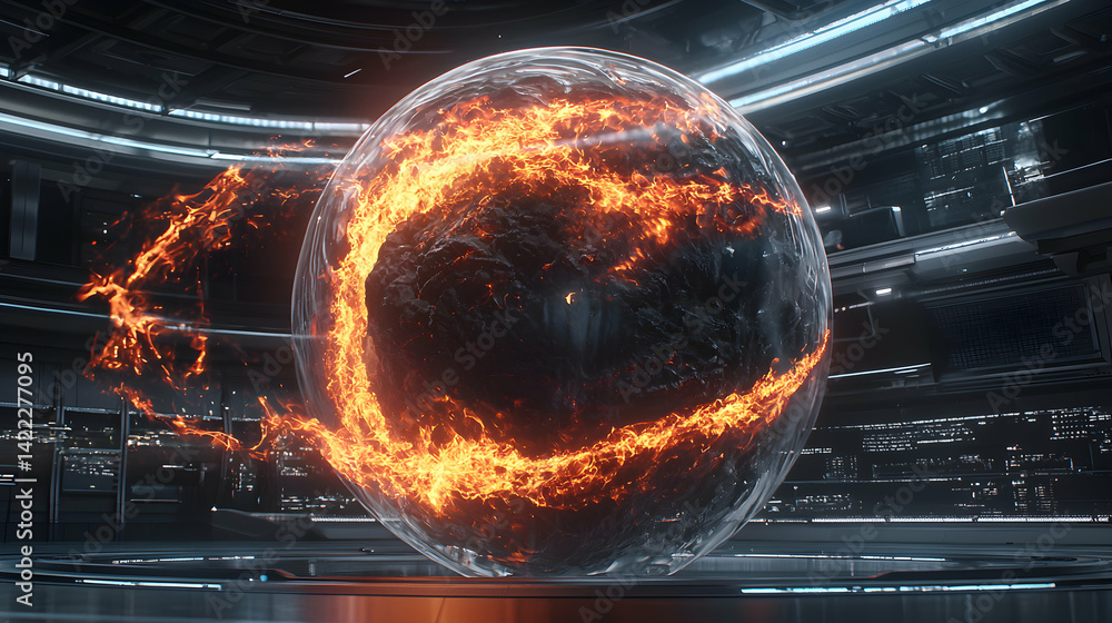 Poster a fiery orb encapsulated within a transparent sphere. the image suggests futuristic technology or a 