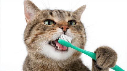 A cat is brushing its teeth with a green toothbrush. The cat has a serious expression on its face as it brushes its teeth