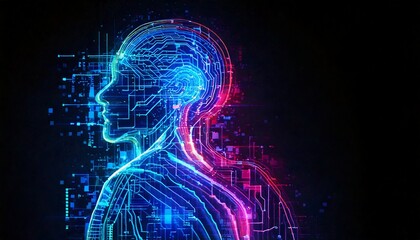 futuristic representation of a human silhouette, highlighting intricate circuits and neon details