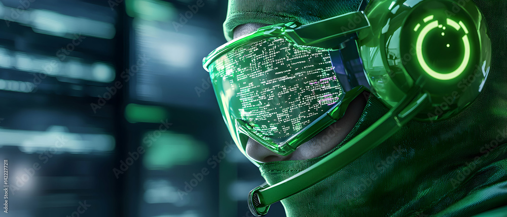 Poster a futuristic hacker is immersed in a virtual reality environment. the image suggests applications in