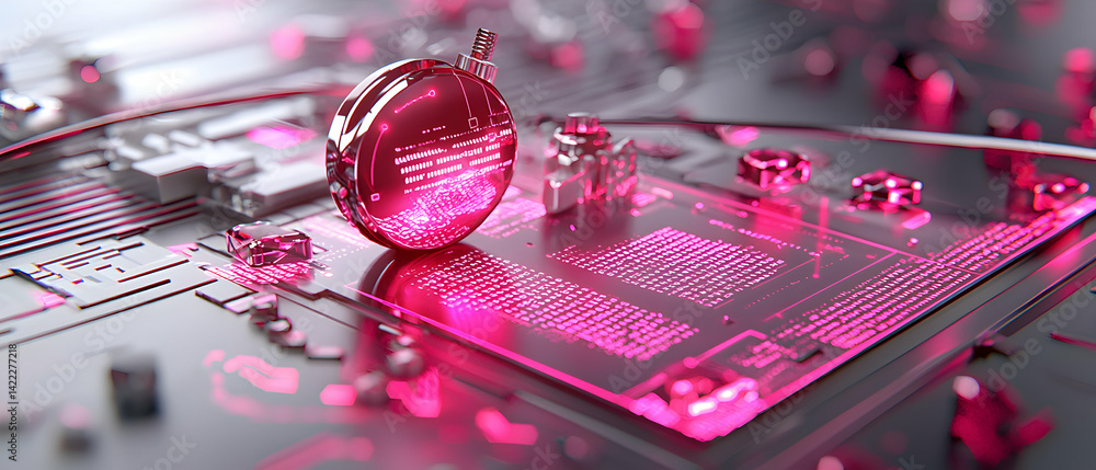 Poster a futuristic artwork showcasing a circuit board with a glowing ornament reflecting binary code. suit