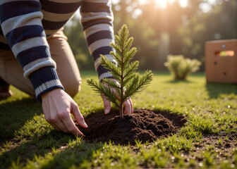 Tree Planting in Nature. Hands Growing Young Pine for Eco Sustainability
