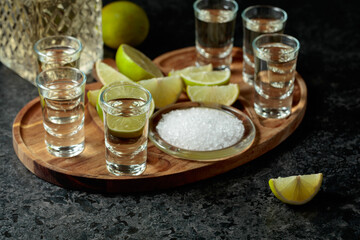 Gold tequila with salt and lime slices.