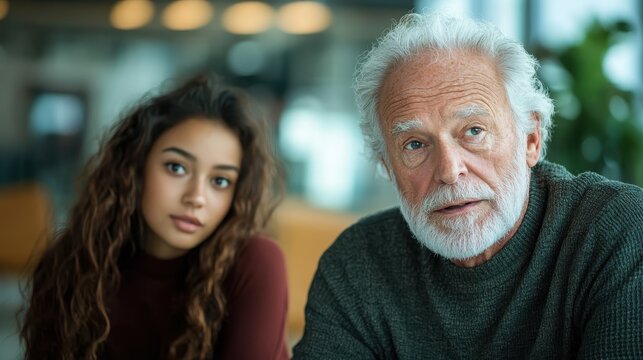 A contemplative senior man is seen with a thoughtful young woman, both embodying the essence of wisdom, curiosity, and the magic of intergenerational connections.