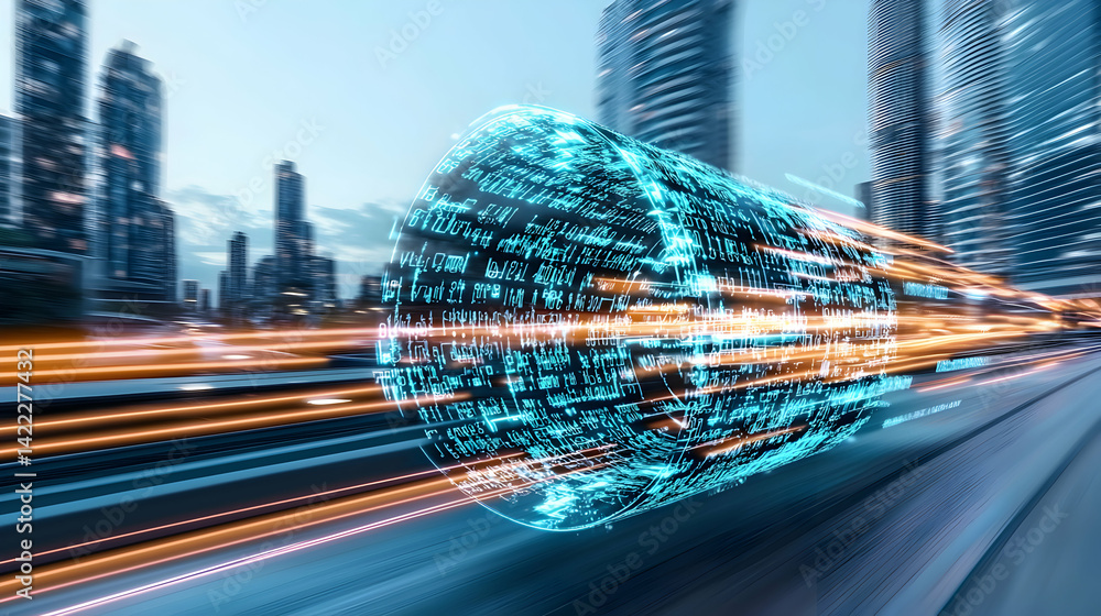 Poster a futuristic image showcases data transfer with a digital cylinder moving rapidly through a city sug