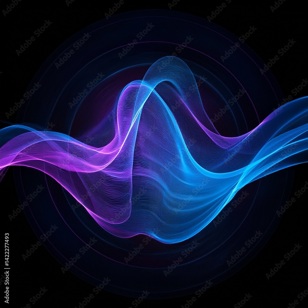 Poster an abstract representation of sound waves, showcasing a mesmerizing interplay of colors against a da