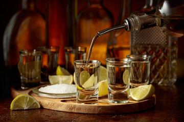 Gold tequila with salt and lime slices.