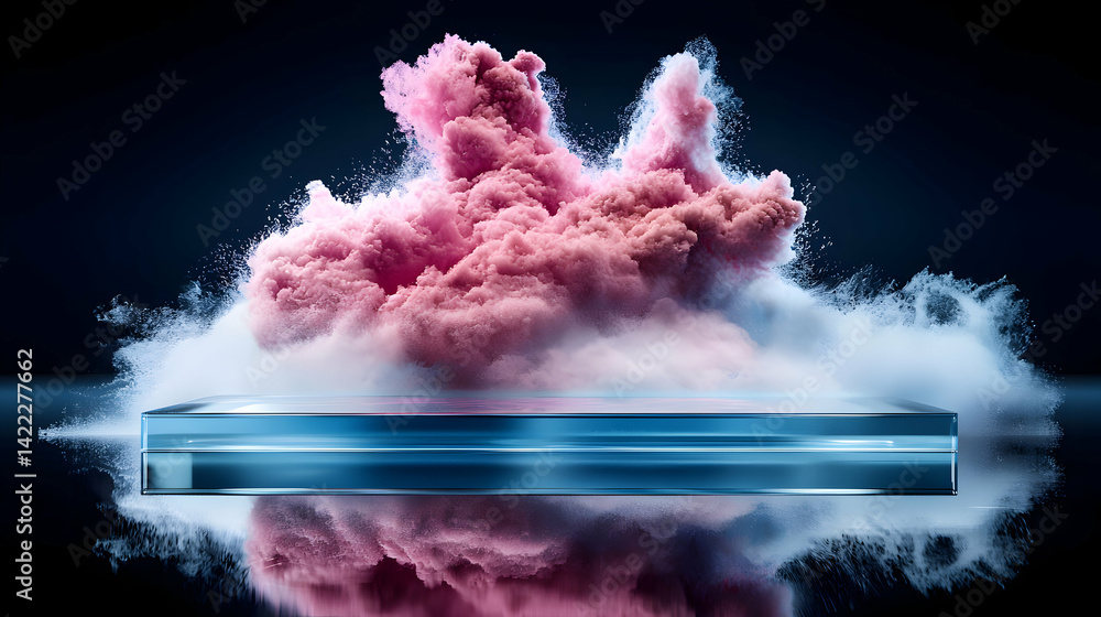 Poster a stylized abstract image with pink cloud like formations floating above a reflective glass structur