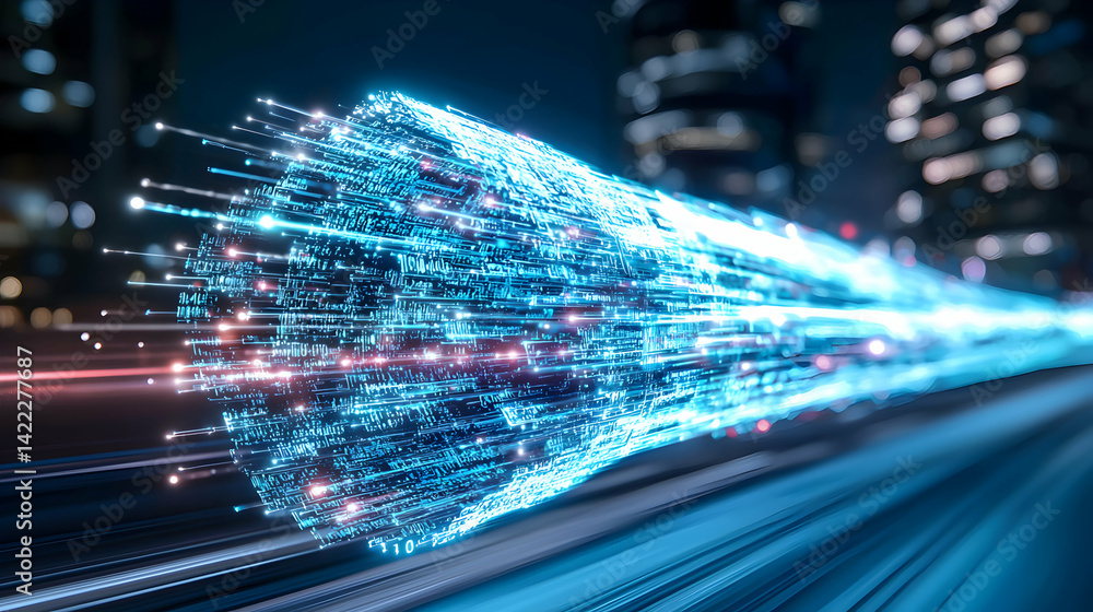 Poster a vibrant digital representation of data transfer using fiber optic cables. suggests high-speed conn