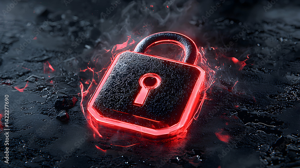 Poster a glowing red padlock against a dark textured background symbolizes digital security. useful for cyb