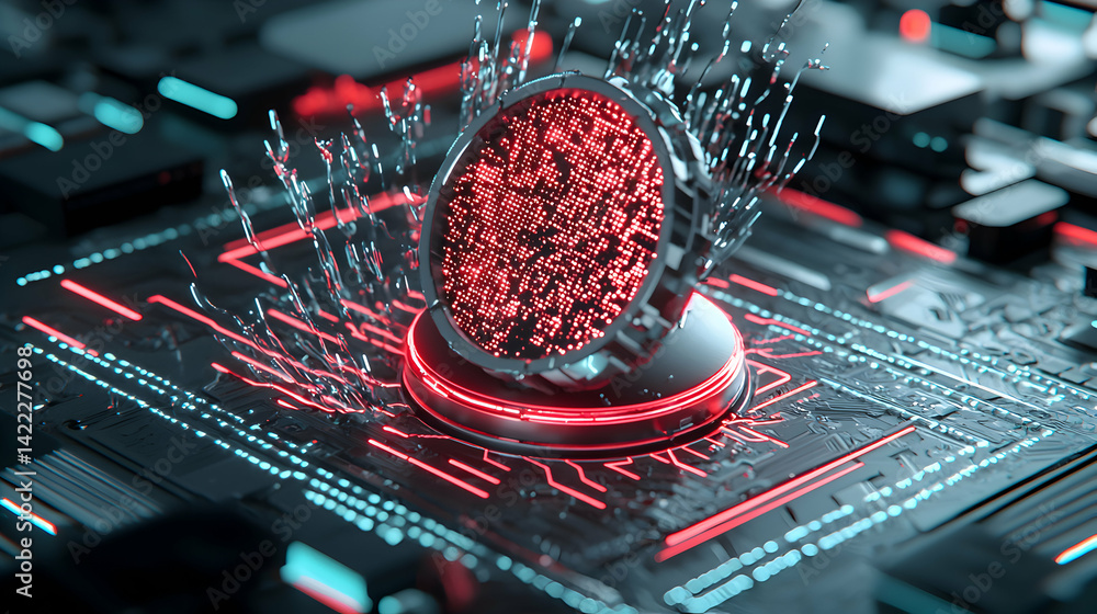 Poster futuristic electronic circuit design with a glowing data disc in a technological environment. perfec