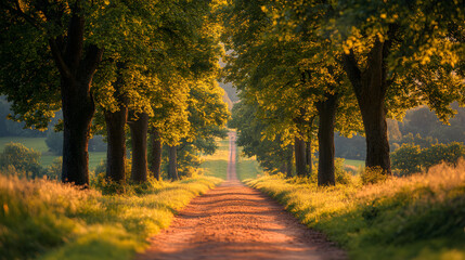 Naklejka premium Symmetrical tree-lined path in a serene landscape, creating a sense of depth and tranquility