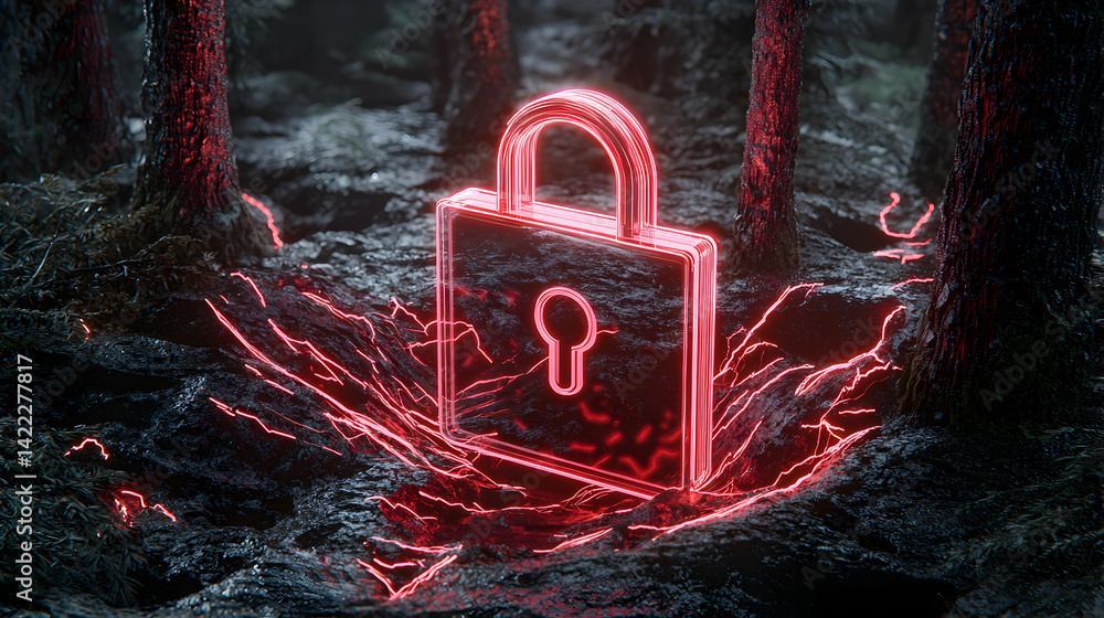Aufkleber a glowing red padlock in a dark forest symbolizes digital security. it's an abstract concept for cyb