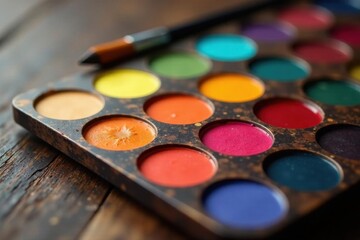 Naklejka premium Classic rectangular palette, assorted colors, fine bristle brush , painting, wood