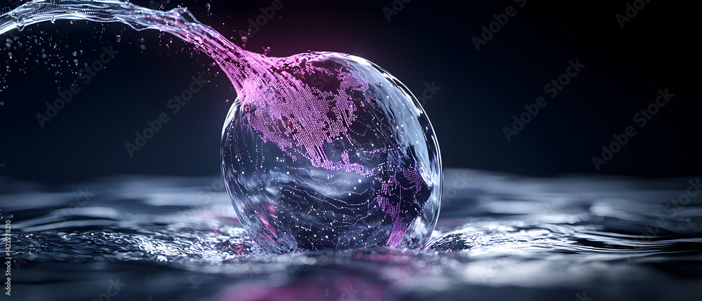 Poster a creative image depicts a globe made of water infused with a digital map. it shows a connection bet