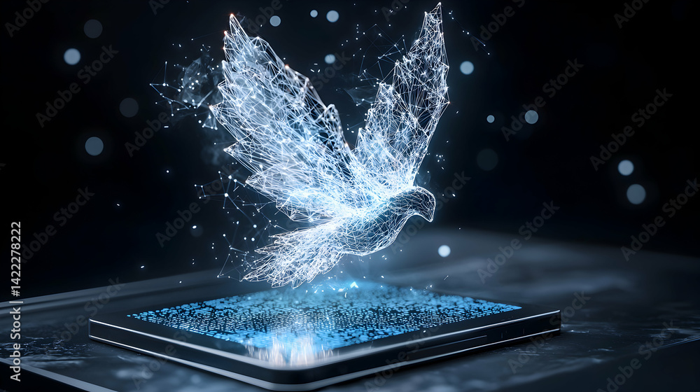 Aufkleber a glowing digital dove emerges from a tablet symbolizing peace and technology. use this image for ai