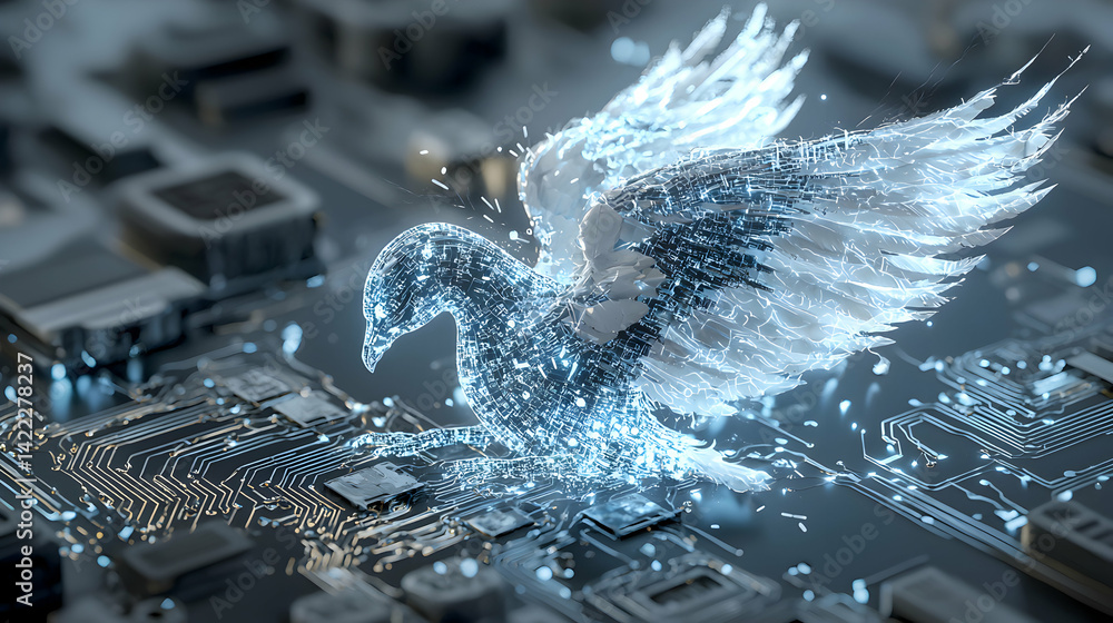 Poster a digital dove composed of glowing lines superimposed on a circuit board representing technology and