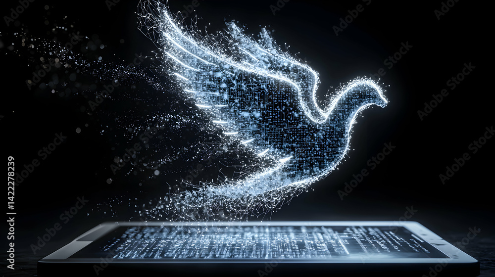 Poster a digital dove emerges from a tablet representing technology and peace. it suggests using tech to fo