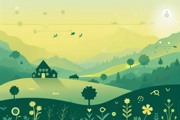 Fotobehang A tranquil illustration depicting a green hillscape with a house, birds, and symbolic representations of topaz, A serene landscape with symbols representing different family planning options © Iftikhar alam
