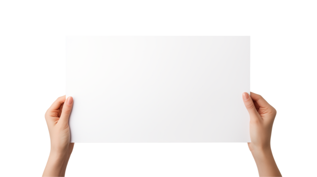 Two hands holding a blank white rectangular sheet of paper in portrait mode isolated on transparent background