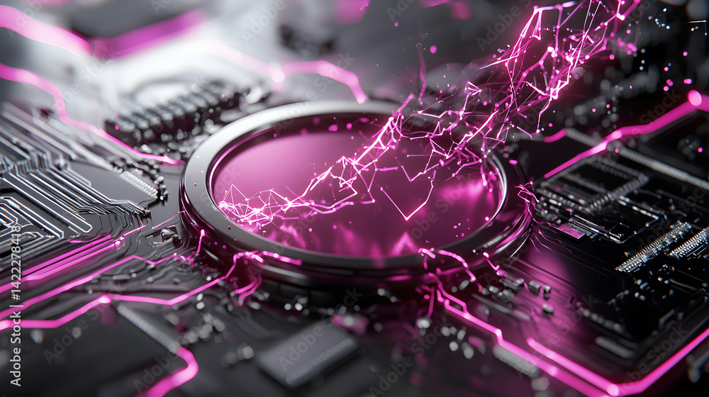 Poster abstract image of a circuit board. features digital energy glowing in pink tones. suitable for tech 