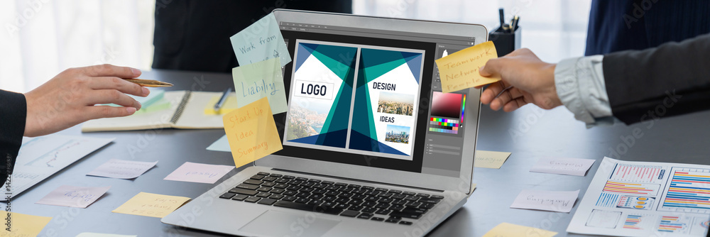 Aufkleber graphic designer software for modern design of web page and commercial brisk ads showing on the comp