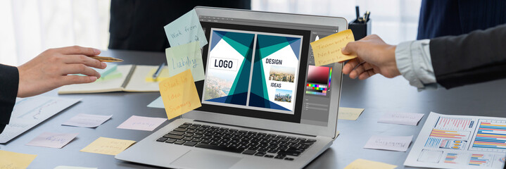 Graphic designer software for modern design of web page and commercial brisk ads showing on the...