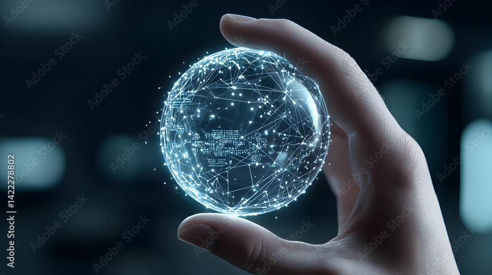 Poster a hand holds a glowing sphere representing global networks and data. suggests digital transformation