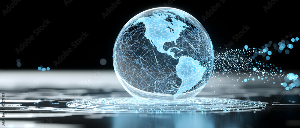 Poster a digital globe with network lines representing global connections. useful for technology presentati