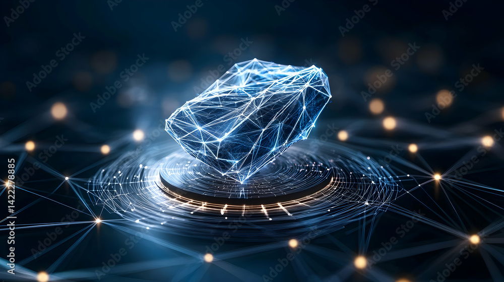Poster abstract digital artwork depicts a geometric structure surrounded by glowing lines and spheres. sugg