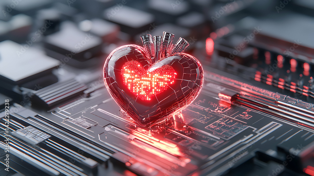 Poster a futuristic heart rests on a circuit board glowing brightly. a tech concept for medical or data vis