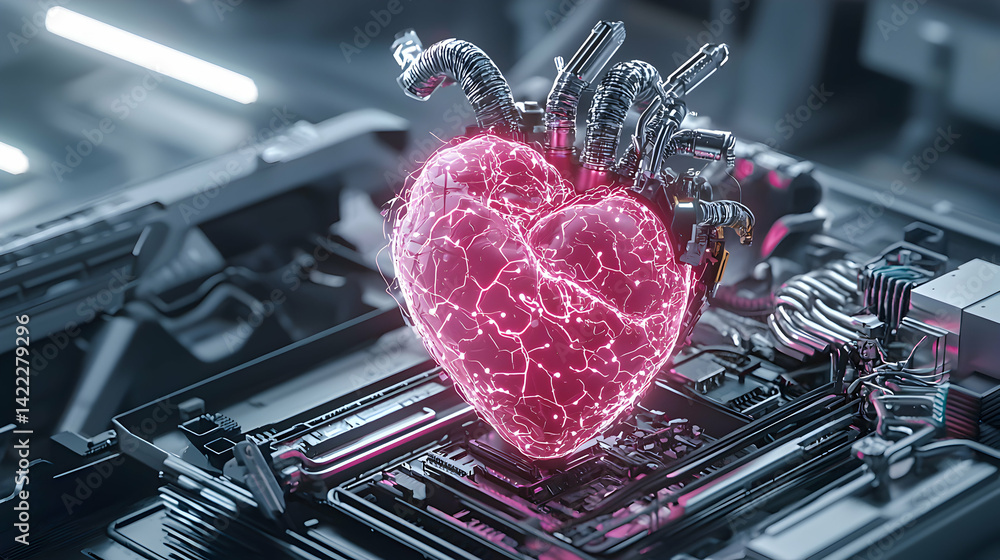 Poster an artistic representation of a glowing heart integrated within a circuit board. suggesting the inte